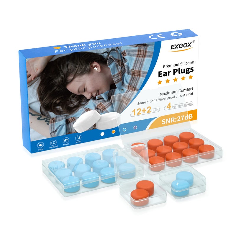 EXGOX 14 Pairs Silicone Ear Plugs for Sleeping Noise Cancelling Reusable Moldable Wax Earplugs for Swimming, Work, Airplane, SNR27dB(Blue, Orange) - Image 1